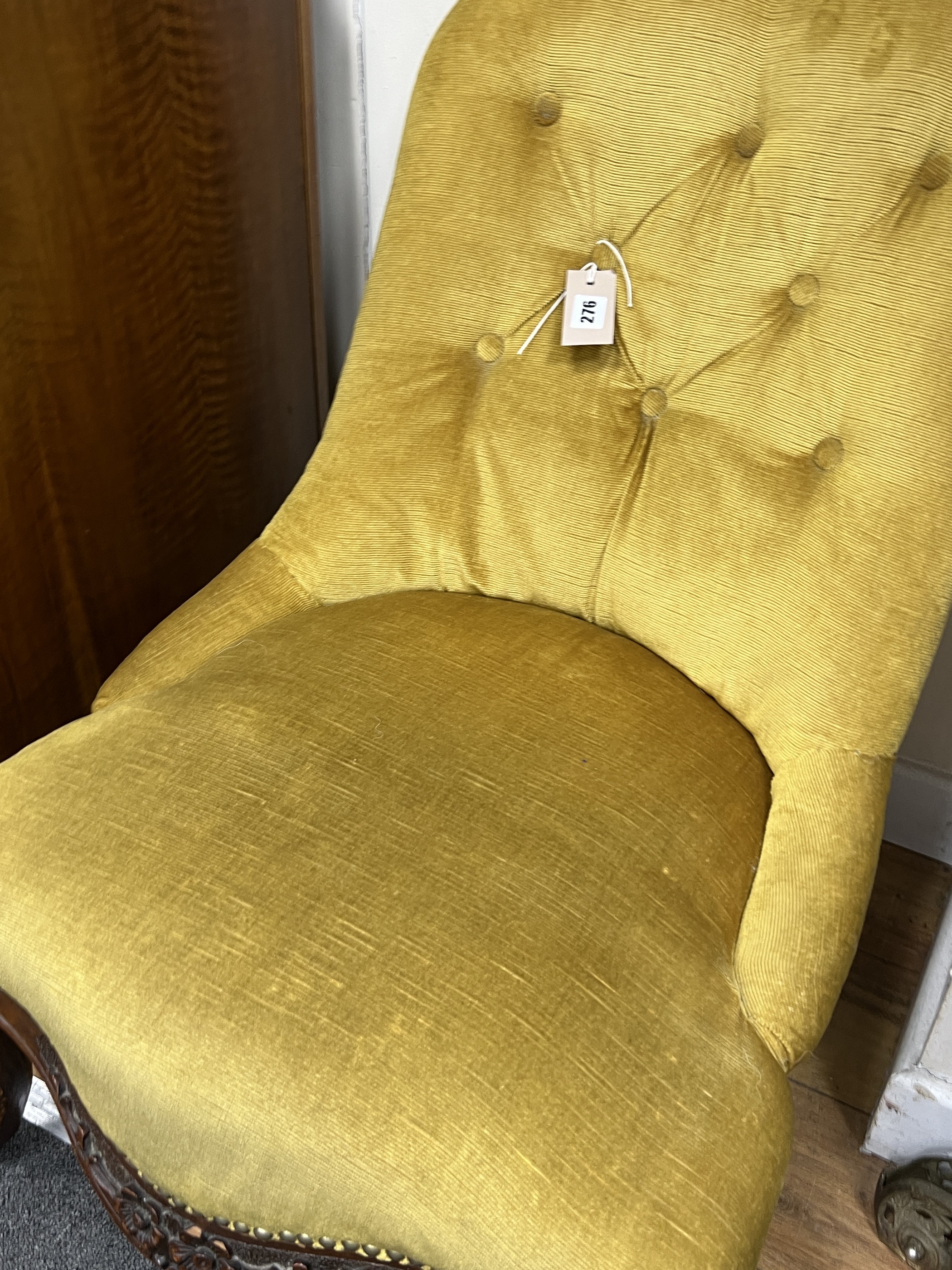 A Victorian spoonback nursing chair, width 50cm, depth 70cm, height 70cm